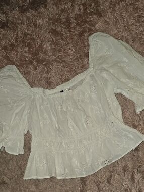 Divided (H&M) White Eyelet Peasant Top - Bardot Neckline